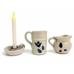 Williamsburg Pottery Salt Glaze Stoneware Set 3pc Pitcher Mug Candle Holder Blue